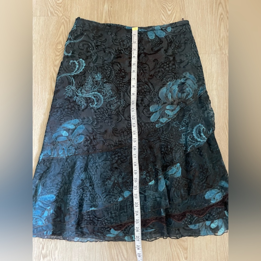 Floral Chiffon Ruffle Skirt Brown Teal S8 - Picture 11 of 15